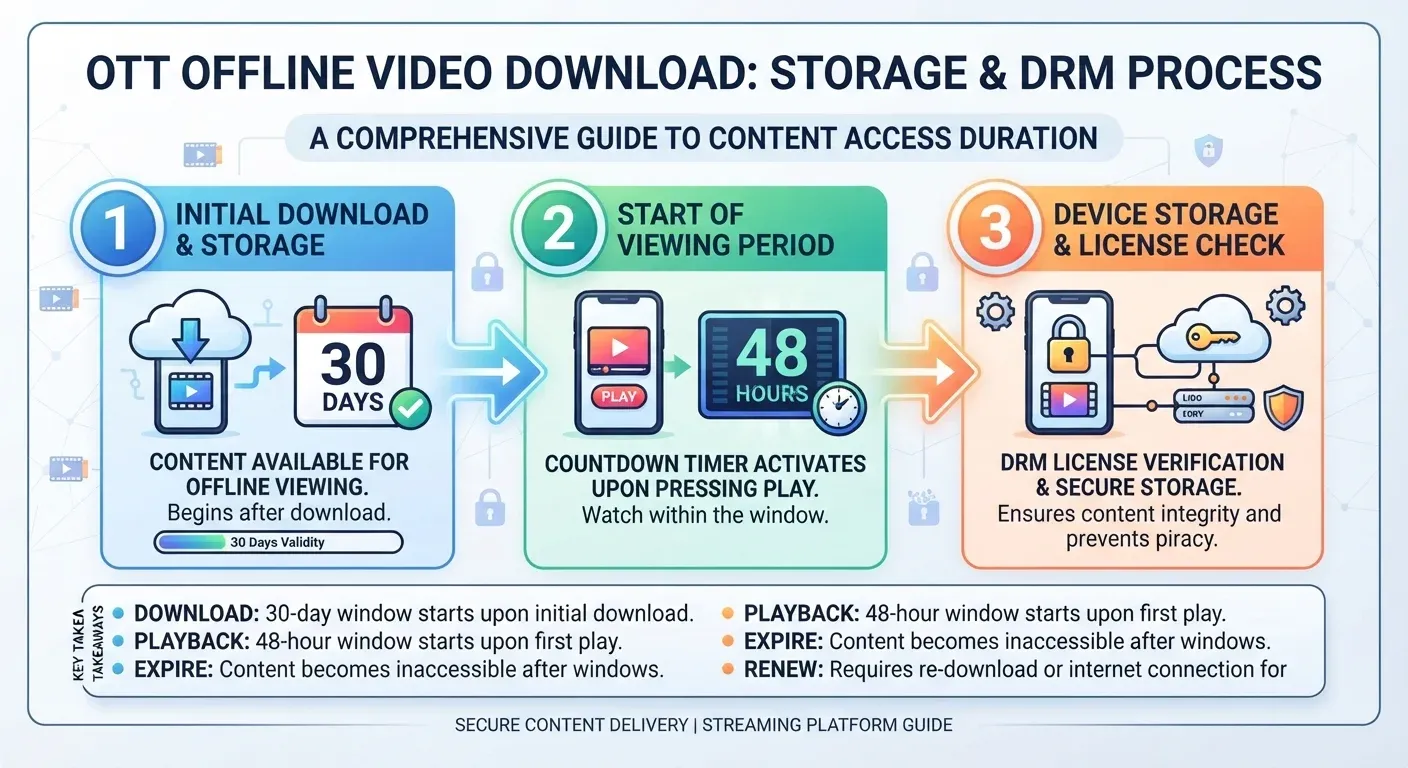 Infographic illustrating OTT download availability periods and the 48-hour playback window.