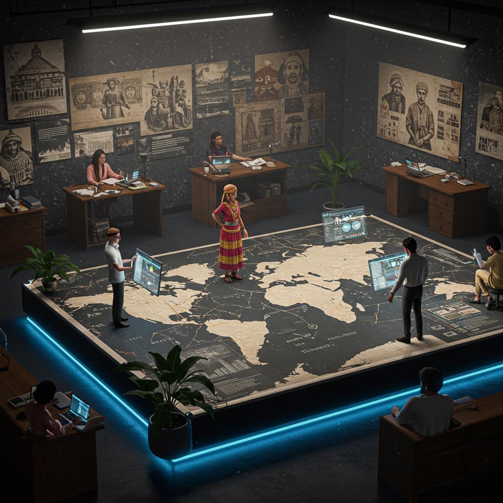 세계 지도를 중심으로 역사 데이터를 시각적으로 연구하는 장면, 온카스터디의 글로벌 문화 데이터 네트워크를 활용한 협업 연구 공간