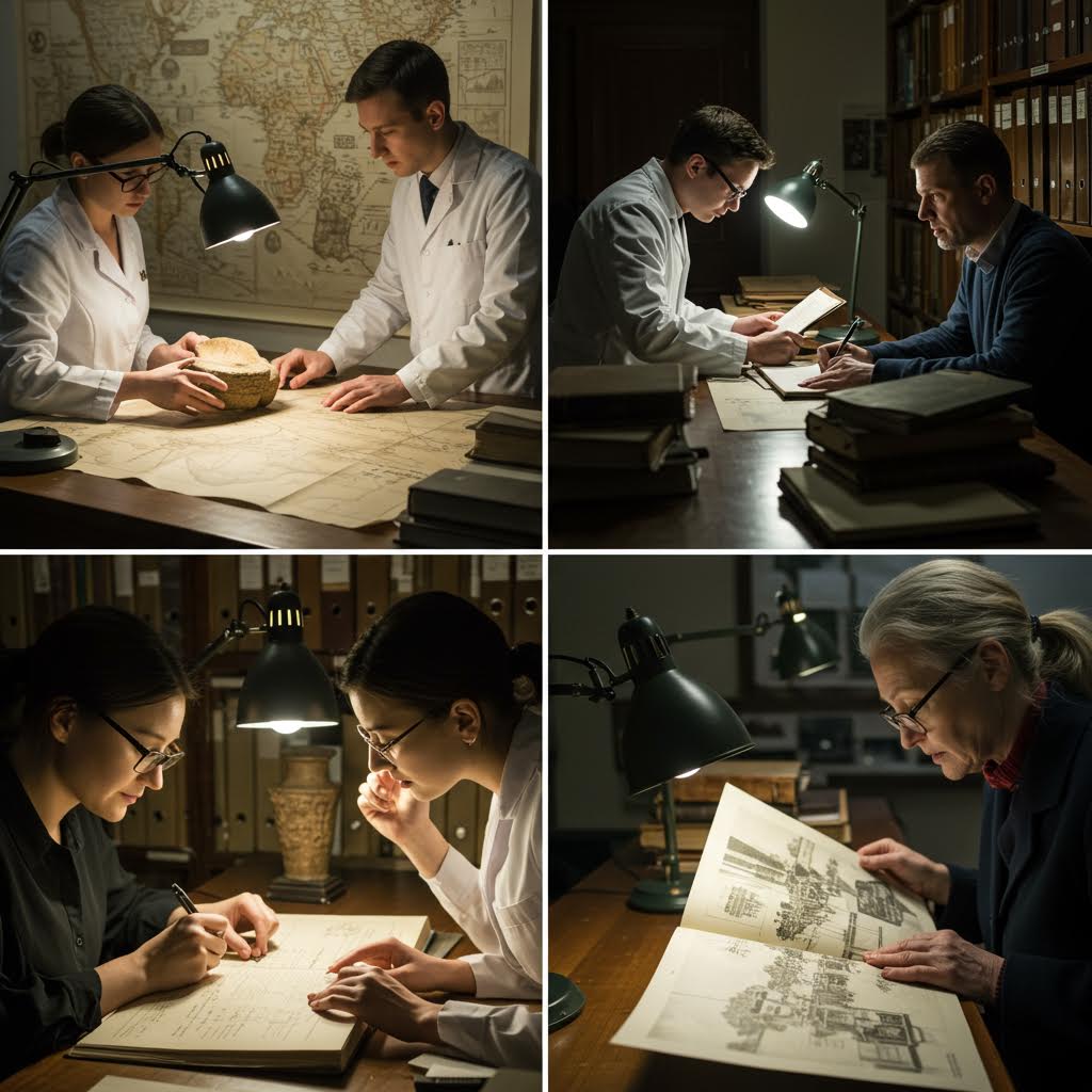 연구자들이 오래된 문헌과 유물을 조사하는 장면, 온카스터디의 디지털 아카이브 프로젝트를 통해 역사 자료를 복원하는 과정