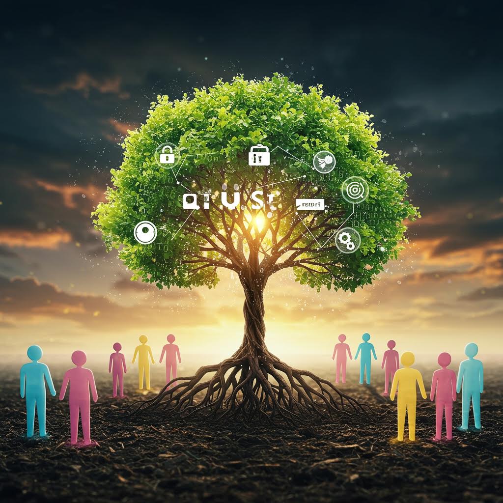 일몰 빛이 비추는 거대한 나무 아래, 뿌리 주변에 색색의 사람 아이콘들이 원을 이루며 서 있다. 나무 가지에는 잠금, 데이터, AI, 인증 등 디지털 아이콘들이 연결되어 있고, 중앙에 'aTrust' 로고가 빛나며 신뢰 기반 기술 생태계를 상징한다.