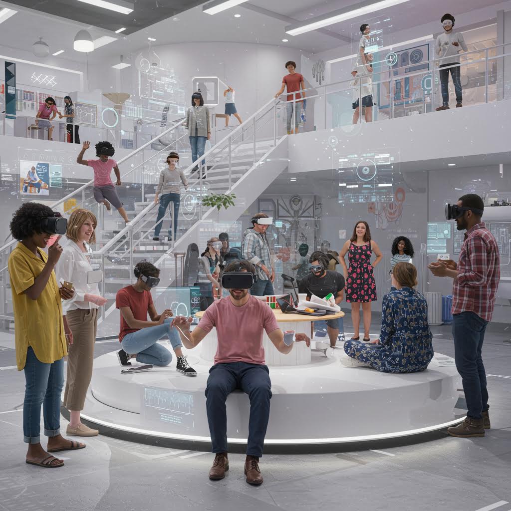 미래적인 오픈 스페이스 실내에서 다양한 인종의 사람들이 VR 헤드셋과 홀로그램 인터페이스를 사용해 상호작용하는 장면. 중앙 원형 플랫폼에 앉은 남성을 중심으로 계단과 2층까지 사람들이 분포하며, 벽면과 공중에 디지털 그래픽이 떠 있다.