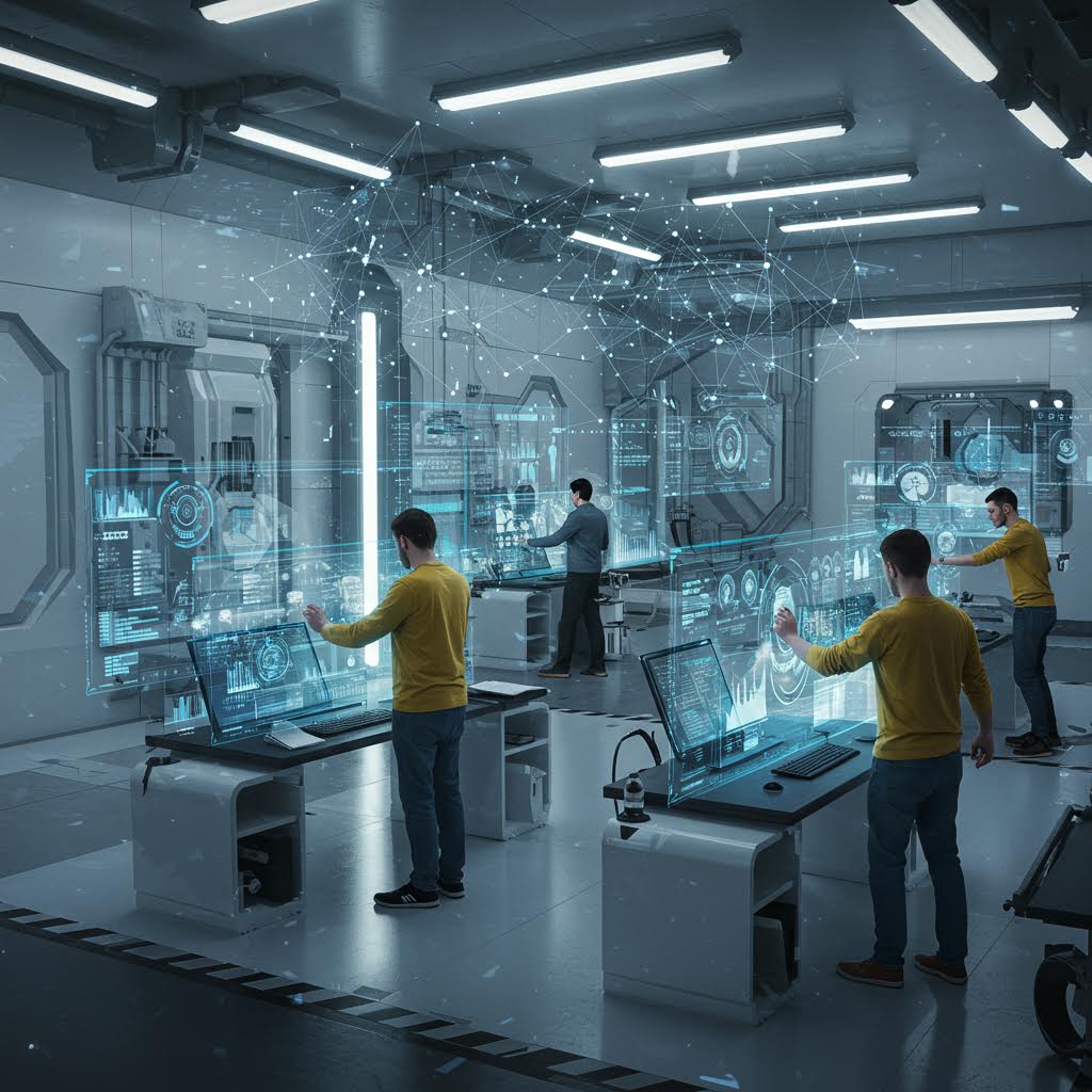 미래형 연구실에서 사람들이 홀로그램 데이터를 조작하며 분석하는 장면으로, 온카스터디의 인공지능 기반 데이터 연구와 협업 시스템을 상징한다.