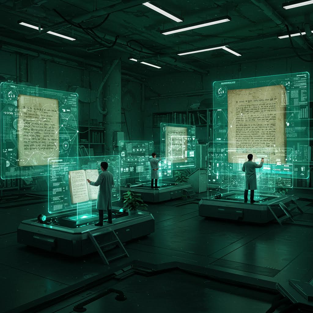 연구원들이 홀로그램 화면을 통해 고대 문서를 디지털로 복원하고 분석하는 장면으로, 온카스터디의 지식 아카이브 복원 및 데이터 연구 기술을 상징한다.
