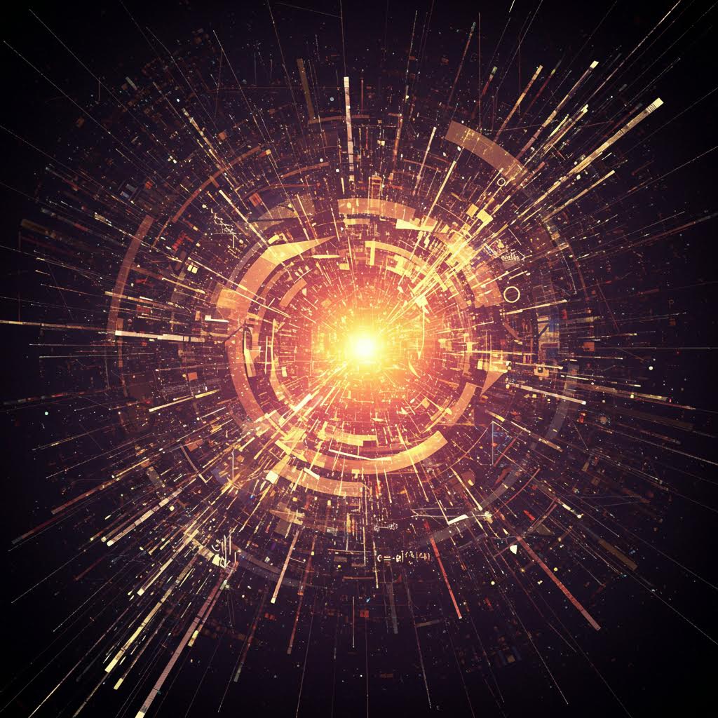 어둠 속에서 빛의 입자들이 폭발하듯 퍼져나가며 에너지의 본질을 드러내는 순간