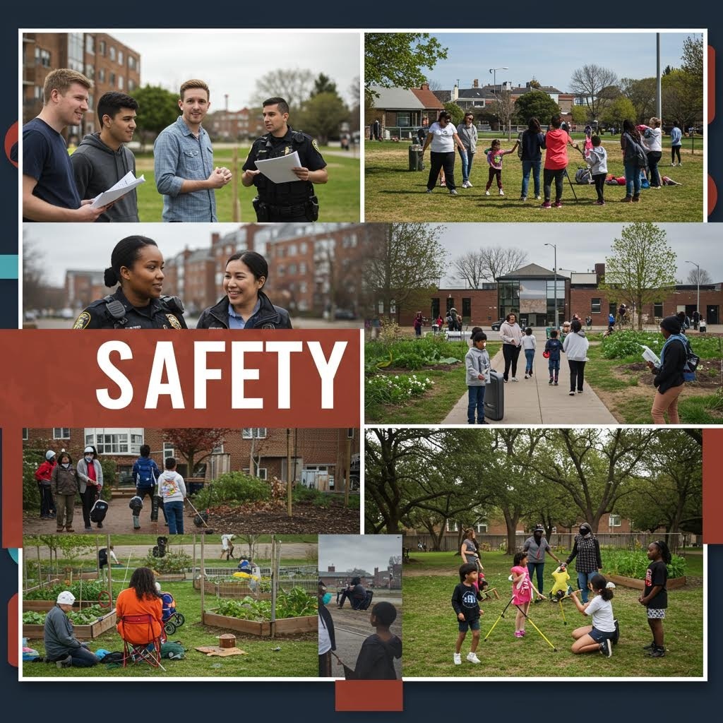 10개 사진 콜라주: 경찰·주민 대화·정원 가꾸기·아이들 놀이, 'SAFETY' 강조된 지역 안전 생태계.