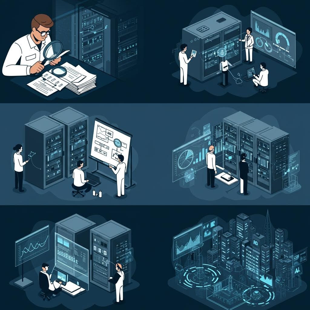 6단계 만화: 문서 확대경 검사 → 서버 모니터링 → 화이트보드 분석 → 홀로그램 대시보드 → 도시 스케일 확장.