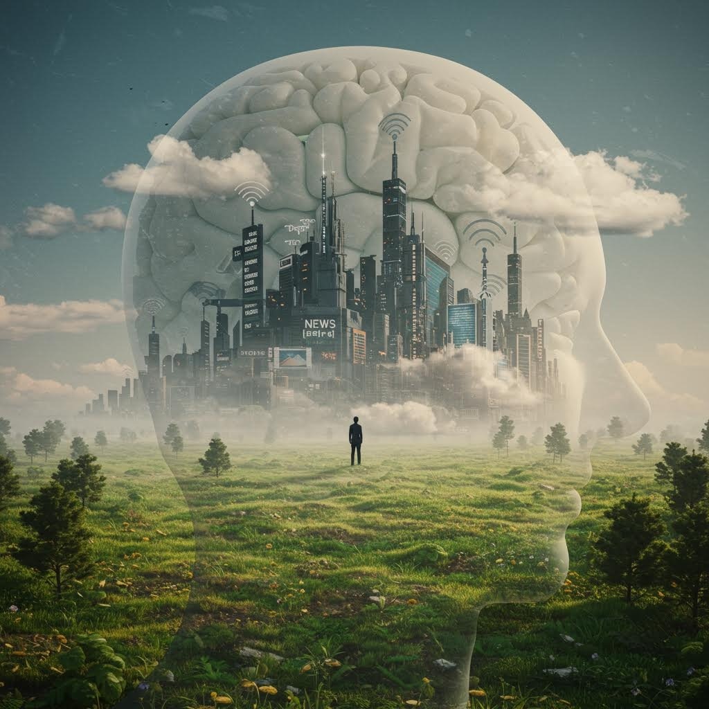 뇌 구조 속에 도시가 형상화되고 한 사람이 광활한 들판에 서 있는 디지털 정보 과부하와 심리적 영향 시각화