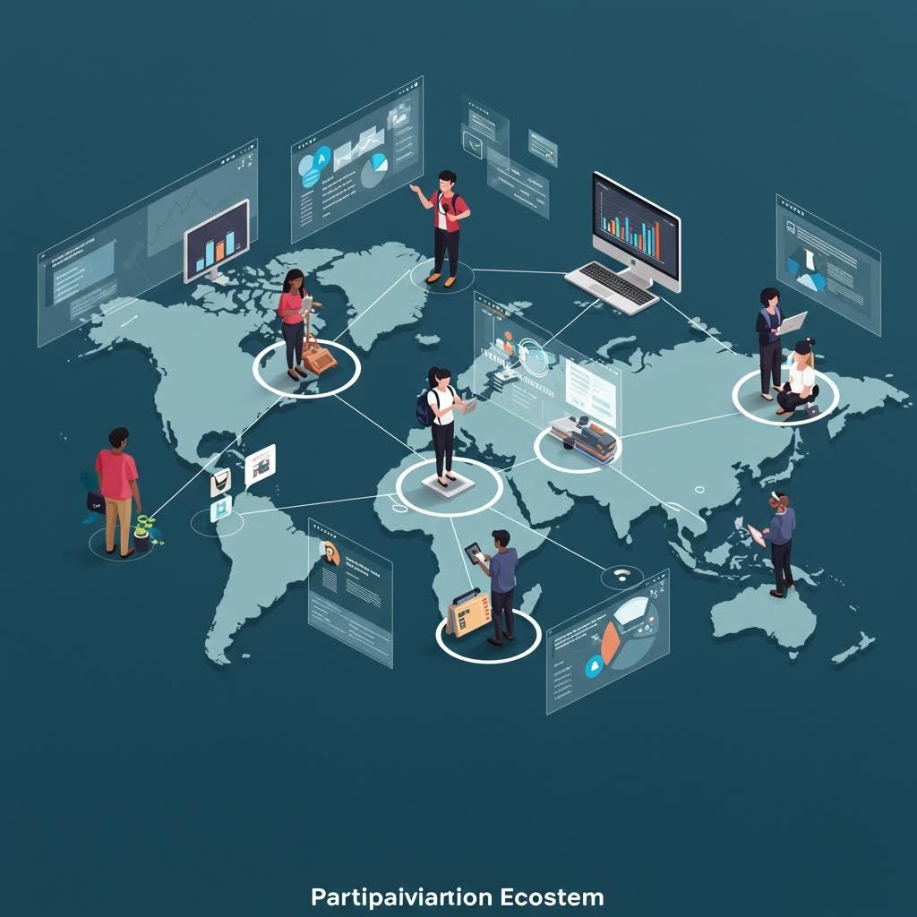 온카스터디의 글로벌 참여 생태계(Participation Ecosystem)를 세계 지도 위에 사용자, 데이터, 디바이스로 연결한 일러스트 이미지.