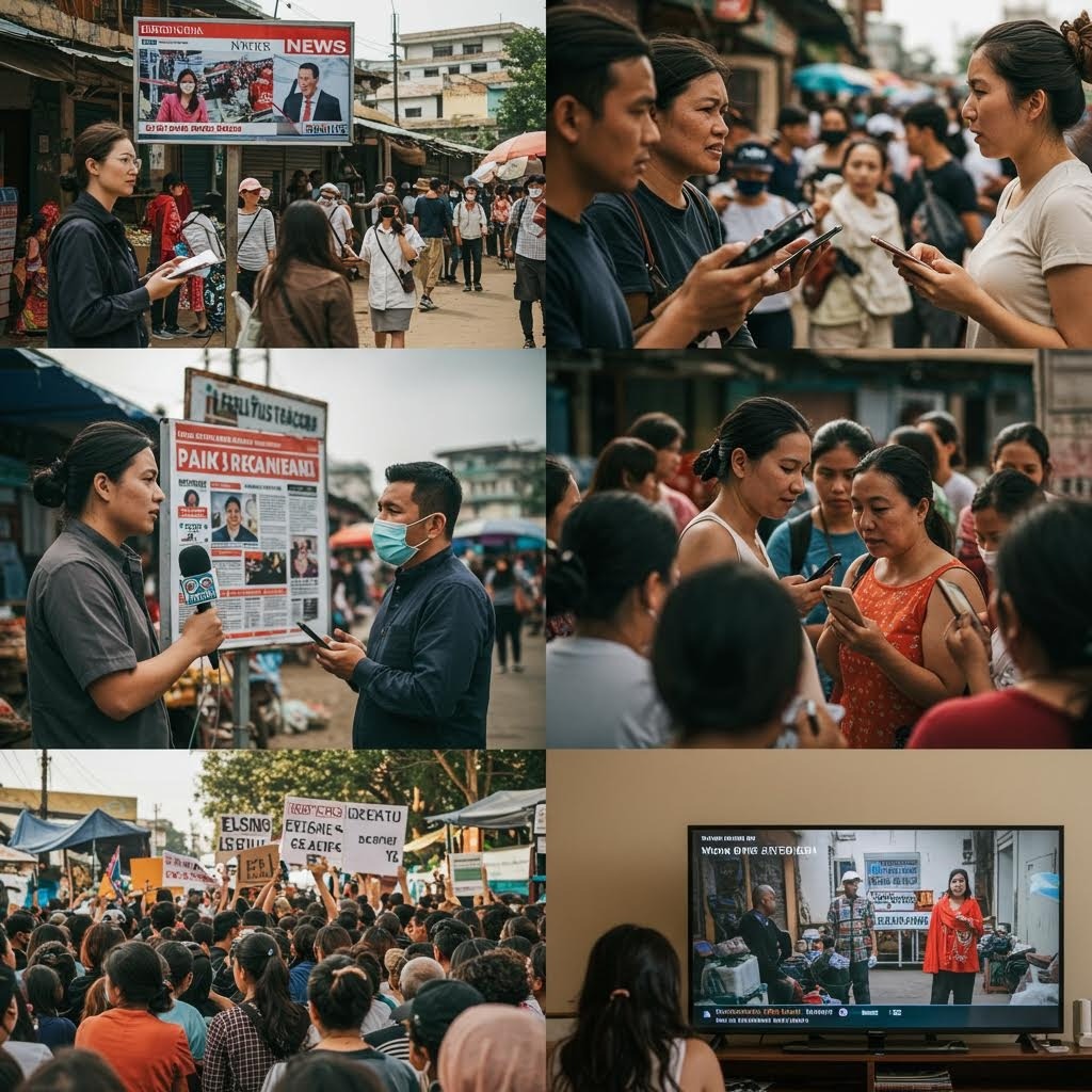 시장에서 기자가 인터뷰하고, 시민들이 휴대폰으로 뉴스를 확인하며, 집회 장면까지 담긴 현장 취재 및 여론 반응 이미지