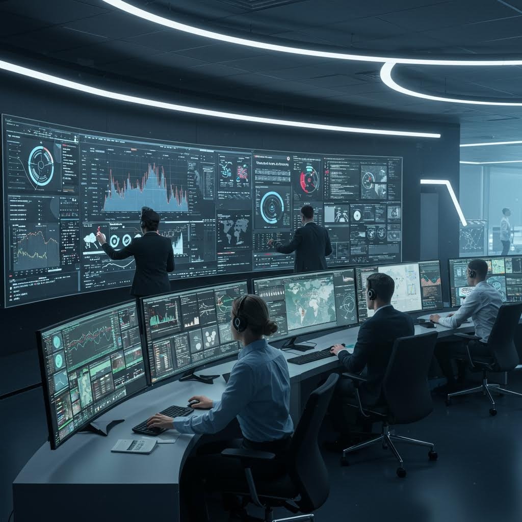 곡선 대형 스크린 벽면 그래프·지도·경고, 5명 운영자 실시간 데이터 감시 중인 첨단 제어실.