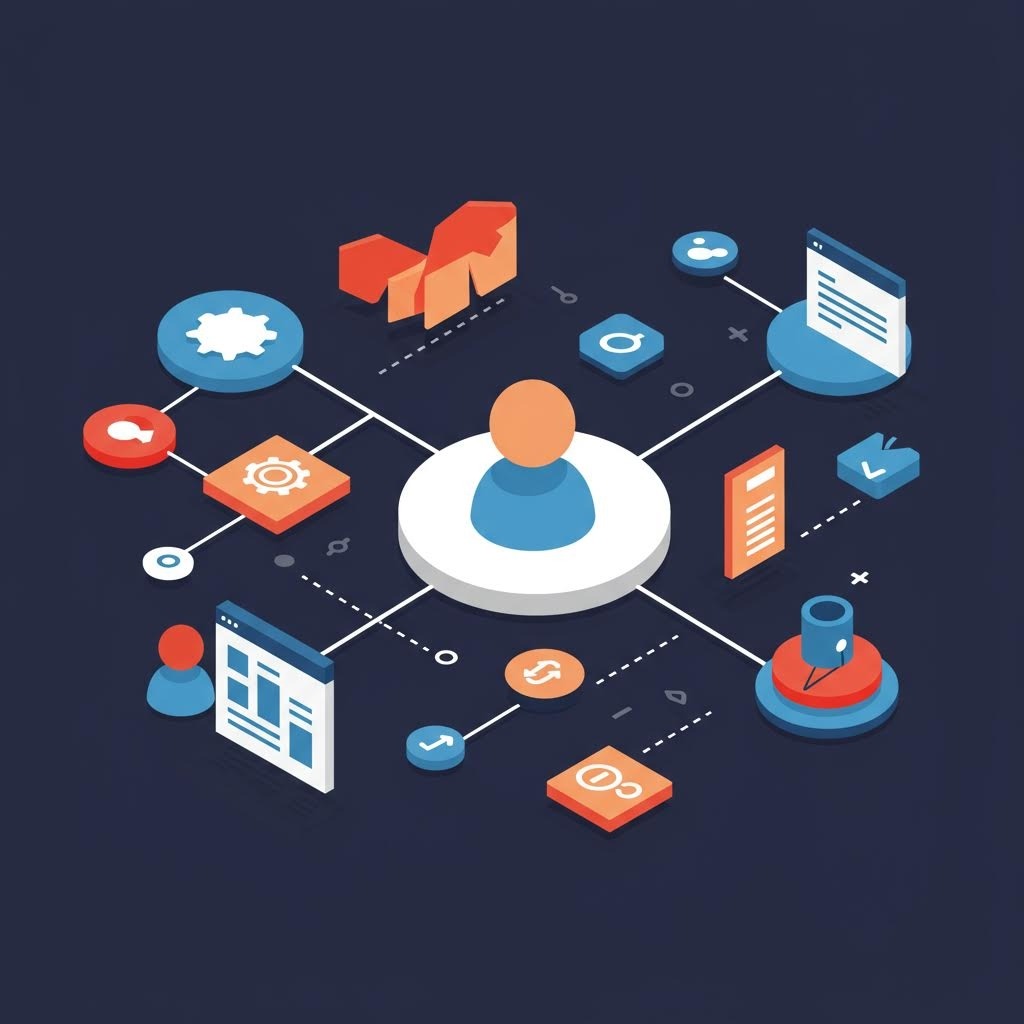 아이소메트릭 스타일 중앙 사용자, 주변 12개 기능 아이콘(문서·그래프·설정·결제 등) 선으로 연결된 다기능 플랫폼 구조.