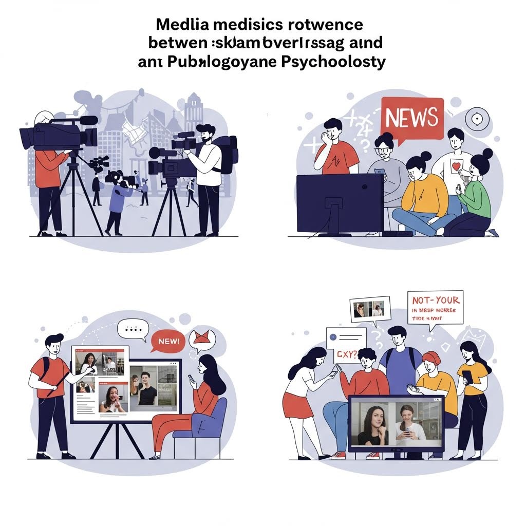 미디어 취재, 뉴스 보도 제작 과정, 시청자 반응 등을 일러스트로 표현한 미디어·심리 영향 개념 이미지