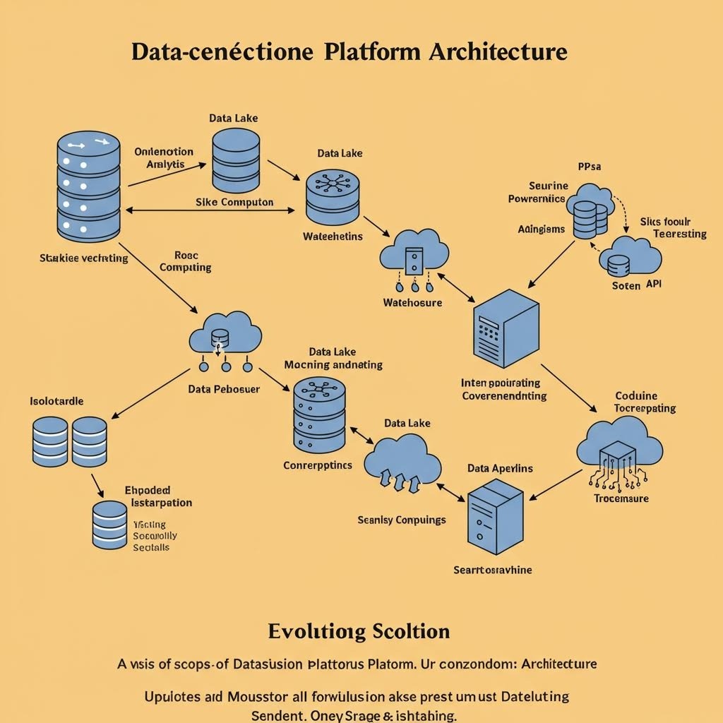 복잡한 다이어그램: Data Lake·Warehouse·API·Blockchain 등 20여 개 컴포넌트 화살표 연결, 'Evoluting Scoltion' 진화 솔루션.