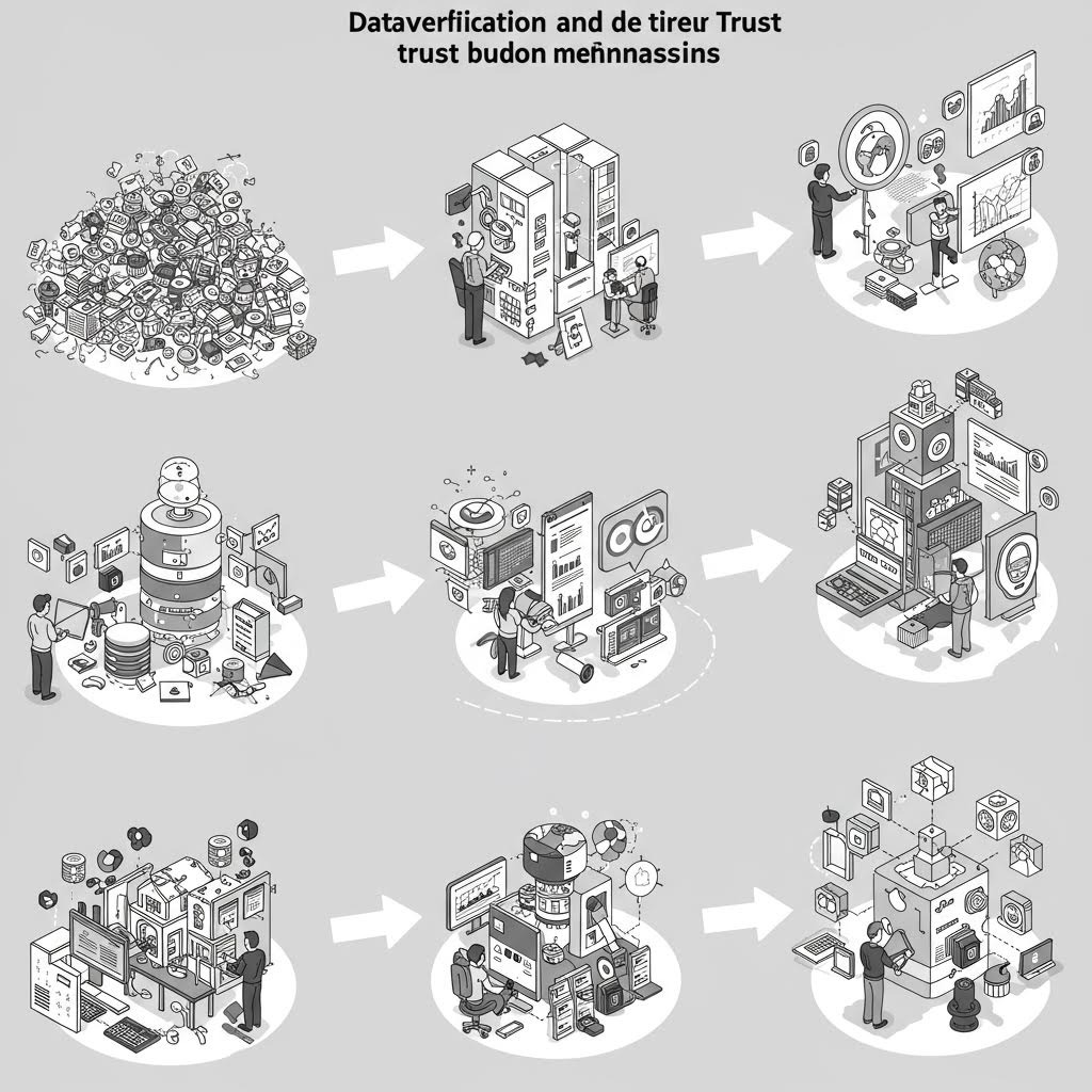 6단계 일러스트: 복잡한 데이터 더미 → 서버 분석 → 실시간 검증 → AI 처리 → 블록체인 → 최종 신뢰 구축 과정.