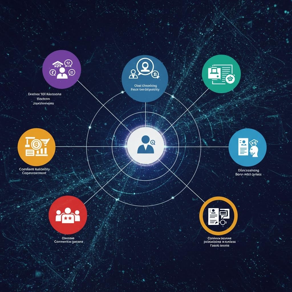 중앙 빛나는 사용자 아이콘, 7개 색상 원형 노드(신뢰·투명성·커뮤니티 등) 연결된 우주 배경 디지털 신뢰 생태계 다이어그램.