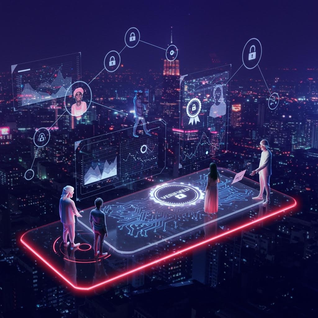 야경 도시 위 홀로그램 플랫폼, 'VERIFIED ID' 중앙, 주변 사용자·인증서·잠금·그래프 연결된 디지털 신원 검증 시스템.