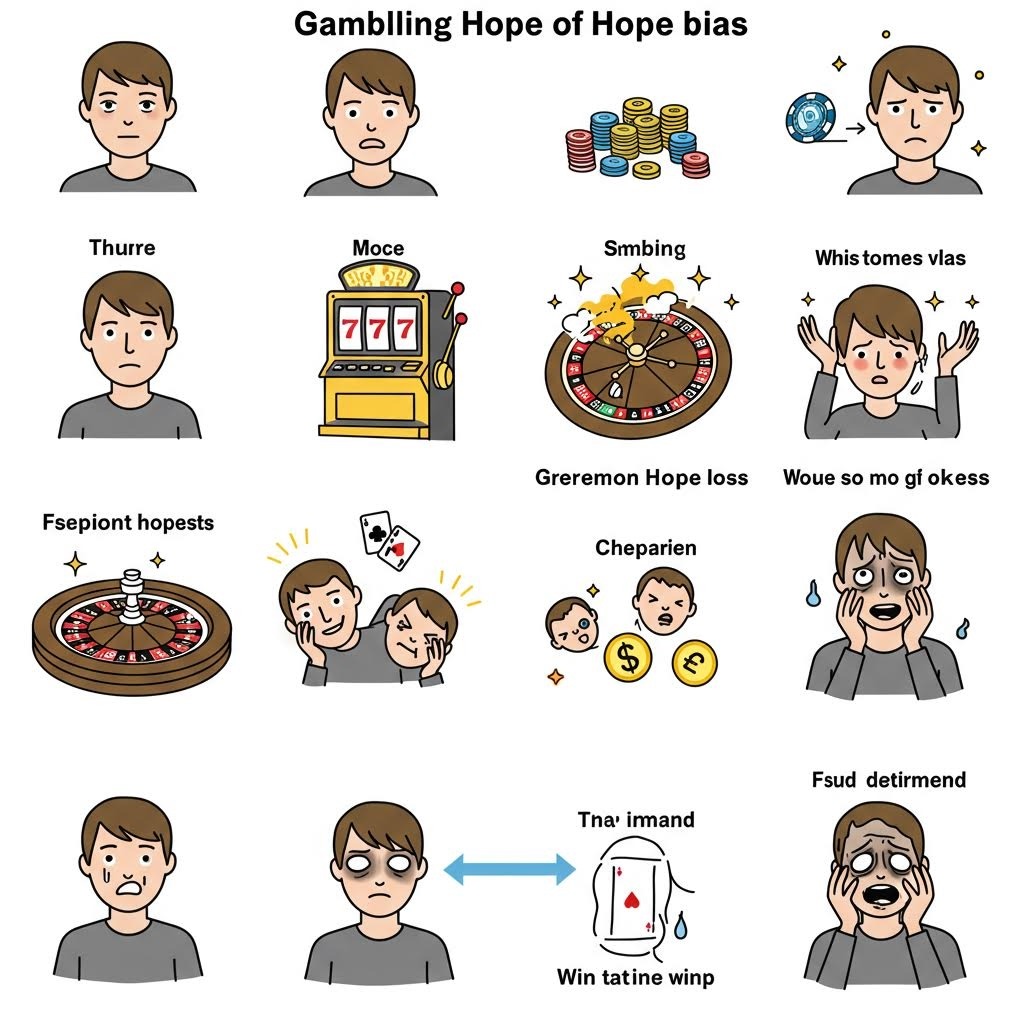 도박 기대 편향과 손실 경험을 단계별로 묘사한 감정 변화 일러스트