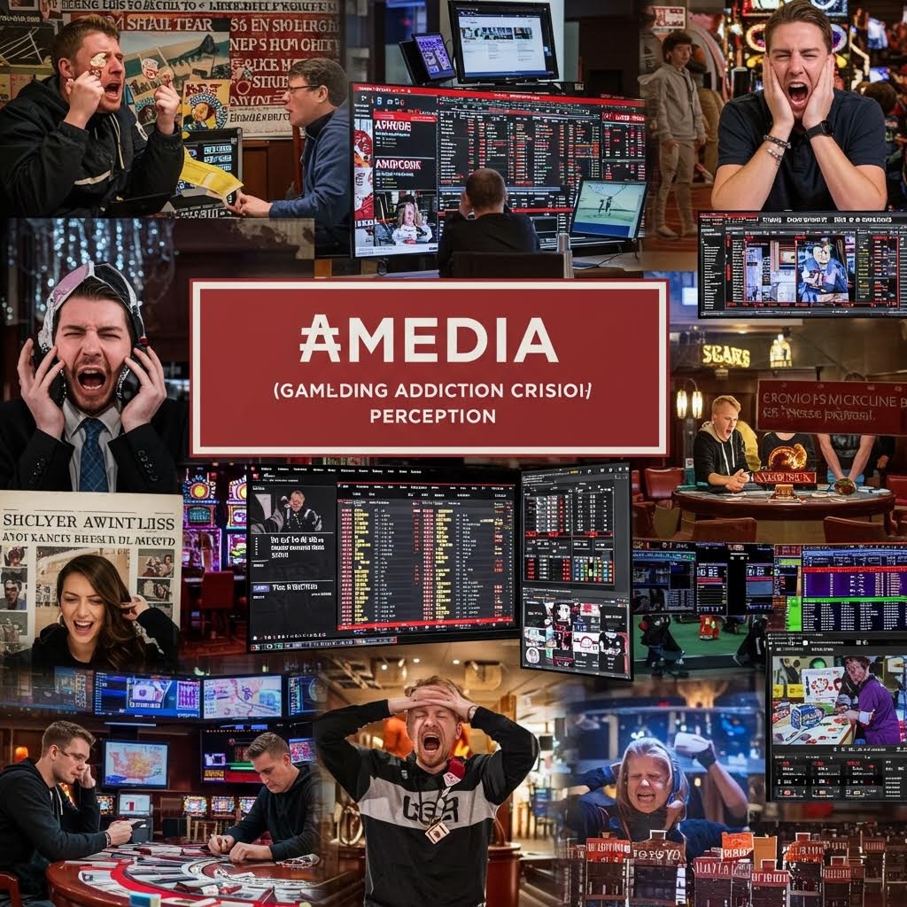카지노와 스포츠베팅 화면을 배경으로 여러 사람이 분노·절망을 보이며 도박 중독 위기를 강조한 미디어 인식 이미지