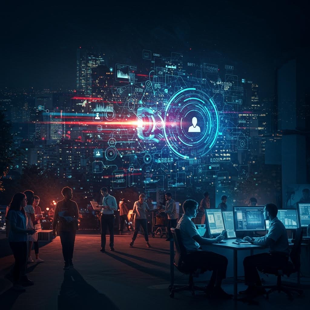 온카스터디 플랫폼에서 AR 기술로 사용자 데이터와 네트워크를 실시간 시각화하며 협업하는 미래형 오피스 이미지.