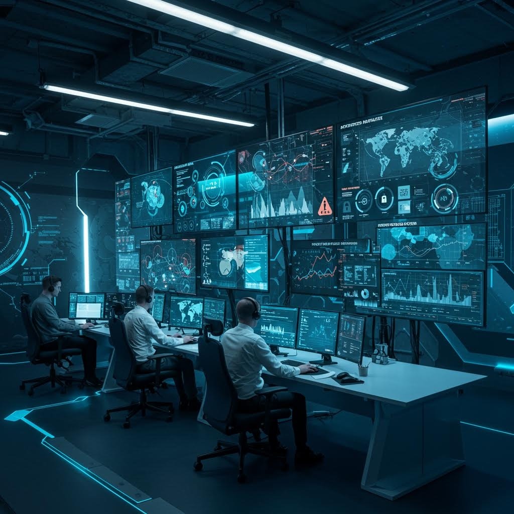 온카스터디 사이버 보안 센터에서 실시간 위협 탐지와 글로벌 네트워크 모니터링을 수행하는 첨단 제어실 이미지.