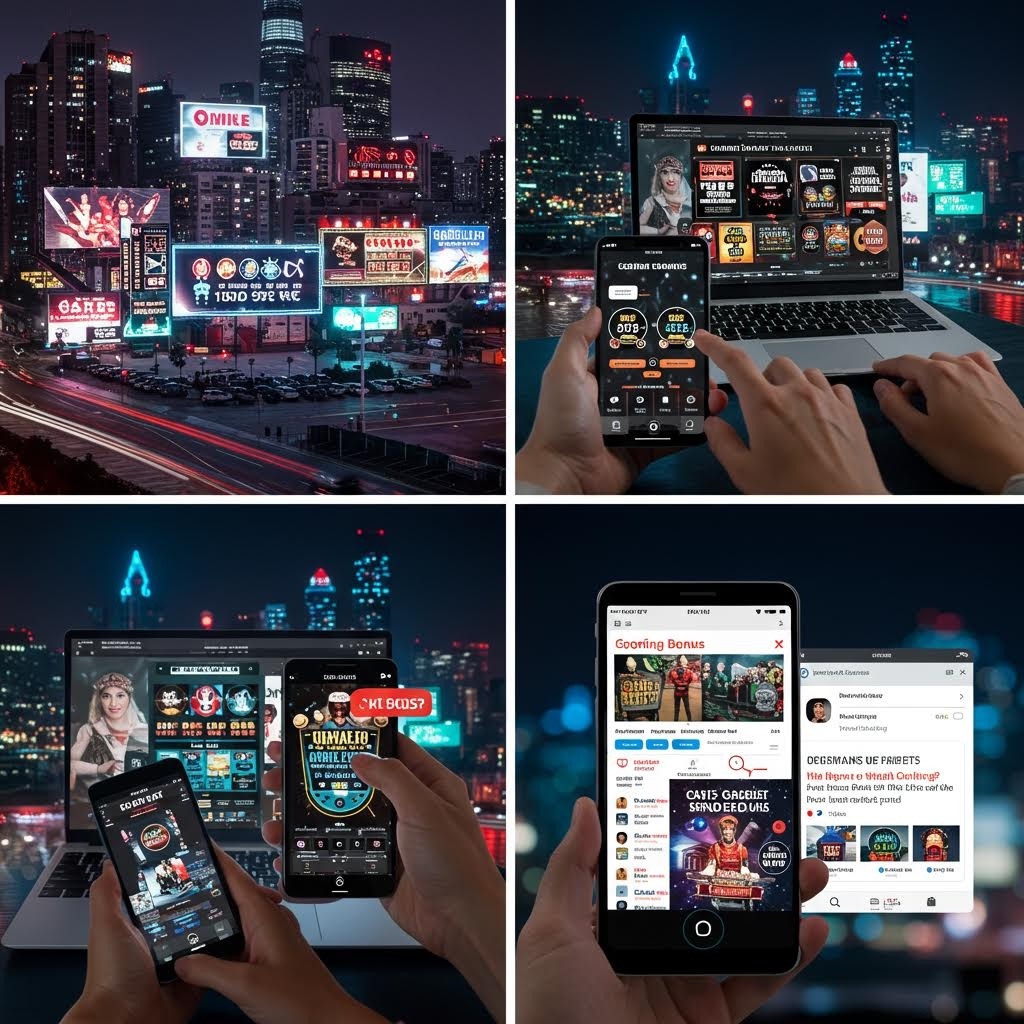 도심 야경 속에서 모바일과 노트북으로 온라인 베팅 화면을 동시에 사용하는 모습과 광고판이 대비된 이미지