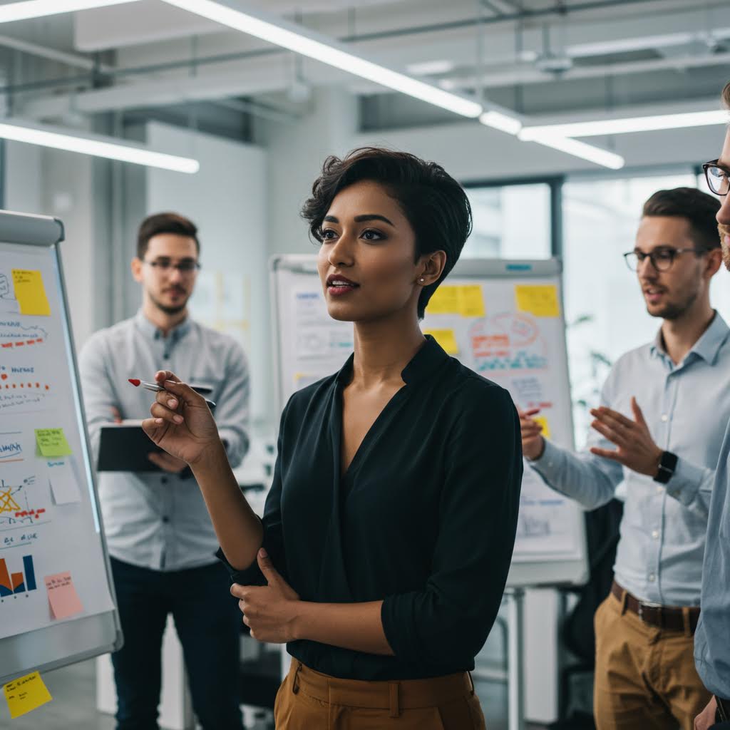 회의실의 밝은 조명 아래에서 아이디어를 제시하며 팀의 시선을 모으는 리더의 집중된 순간