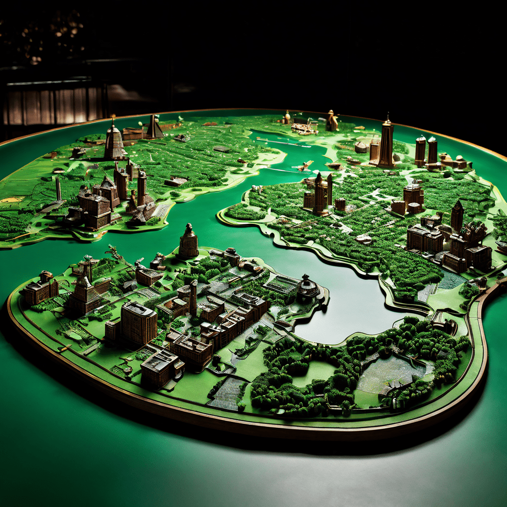 초록색 크랩스 테이블 위에 세계 지도가 새겨져 있고 그 위로 작은 도시와 지형이 솟아오른 모습이다.