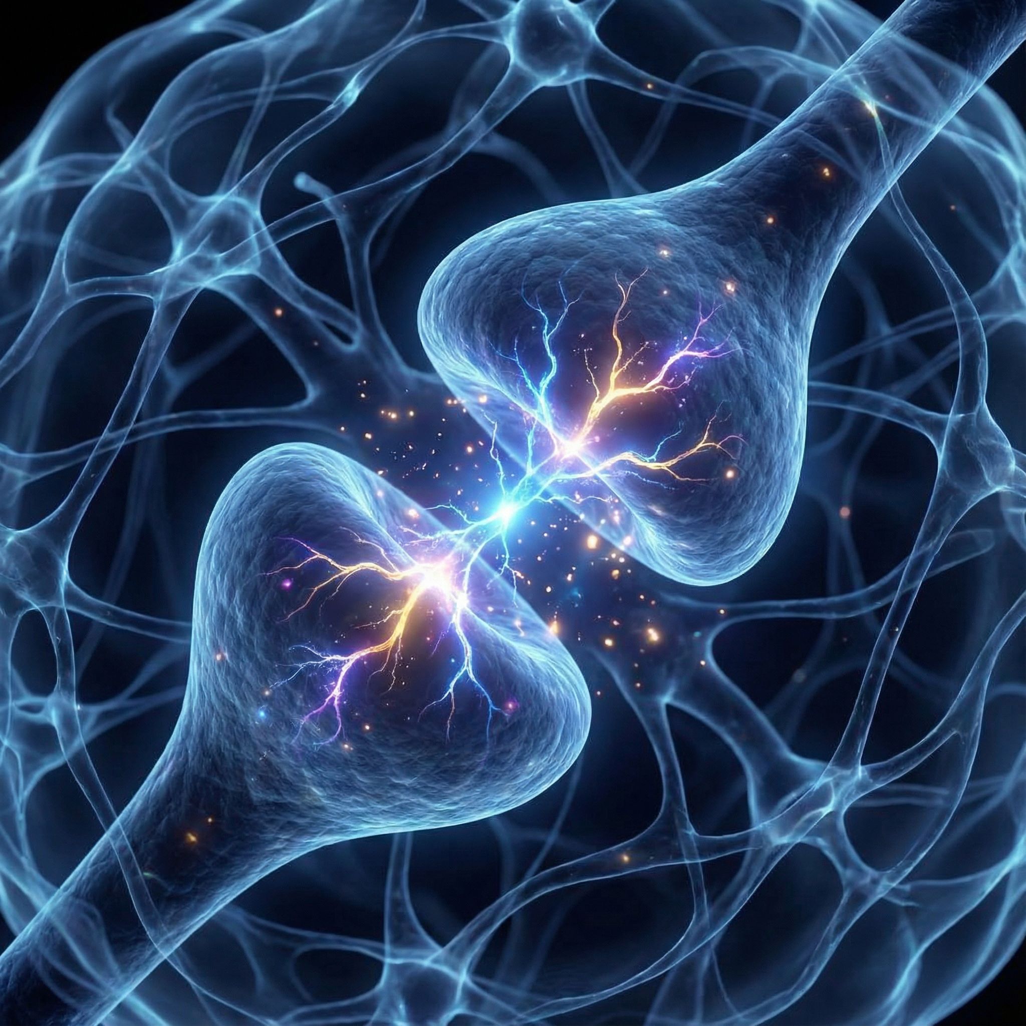 빛나는 파란색과 보라색 전기 신호가 신경세포 사이의 간극을 가로지르며 정보를 전달하는 모습이다.