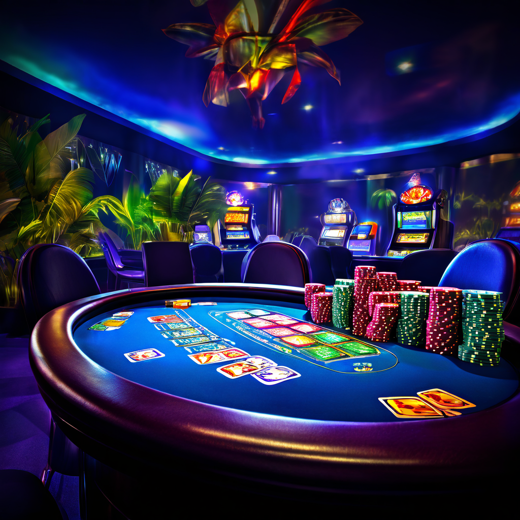 카리브 스터드 포커 테이블 위에 선명한 카드와 칩이 놓여 있고, 뒤편 카지노에는 점점 올라가는 프로그레시브 잭팟 미터가 빛나고 있다.