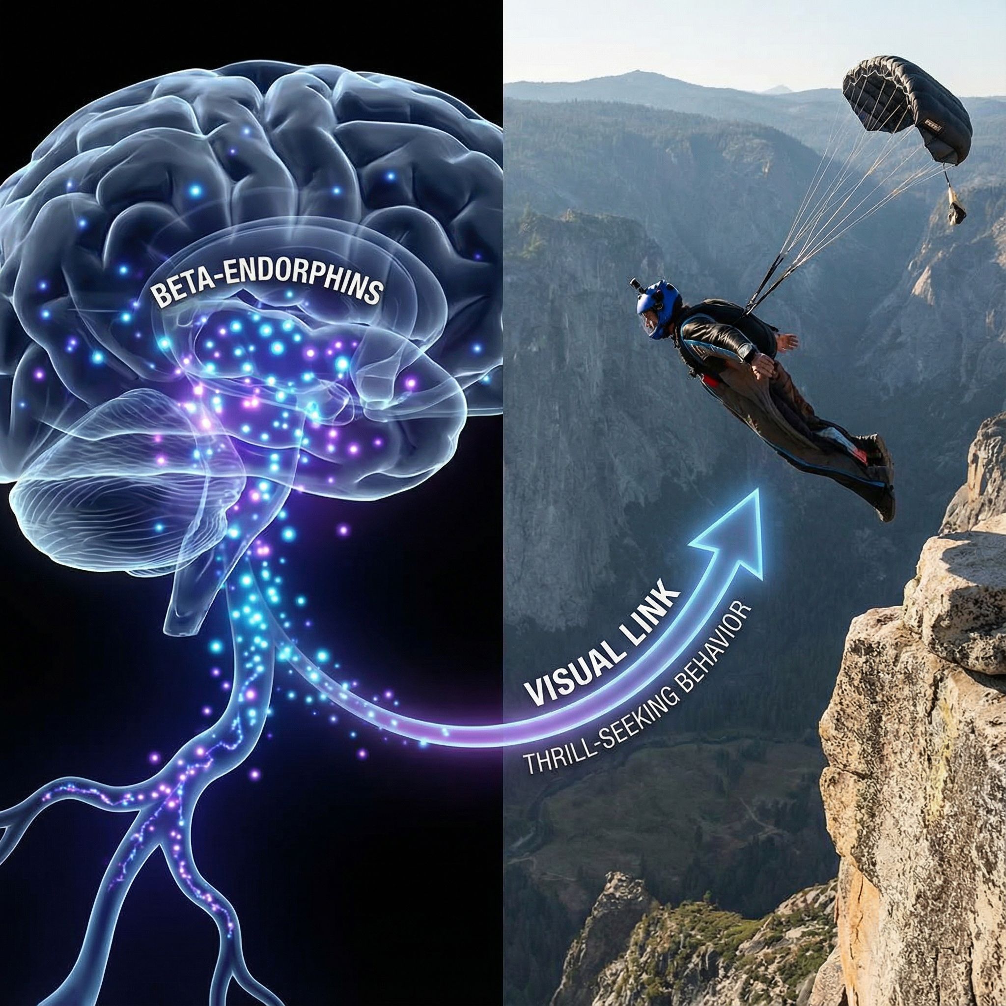 절벽에서 베이스 점프를 하는 사람의 모습과 뇌에서 베타 엔돌핀이 분비되는 모습을 화살표로 연결한