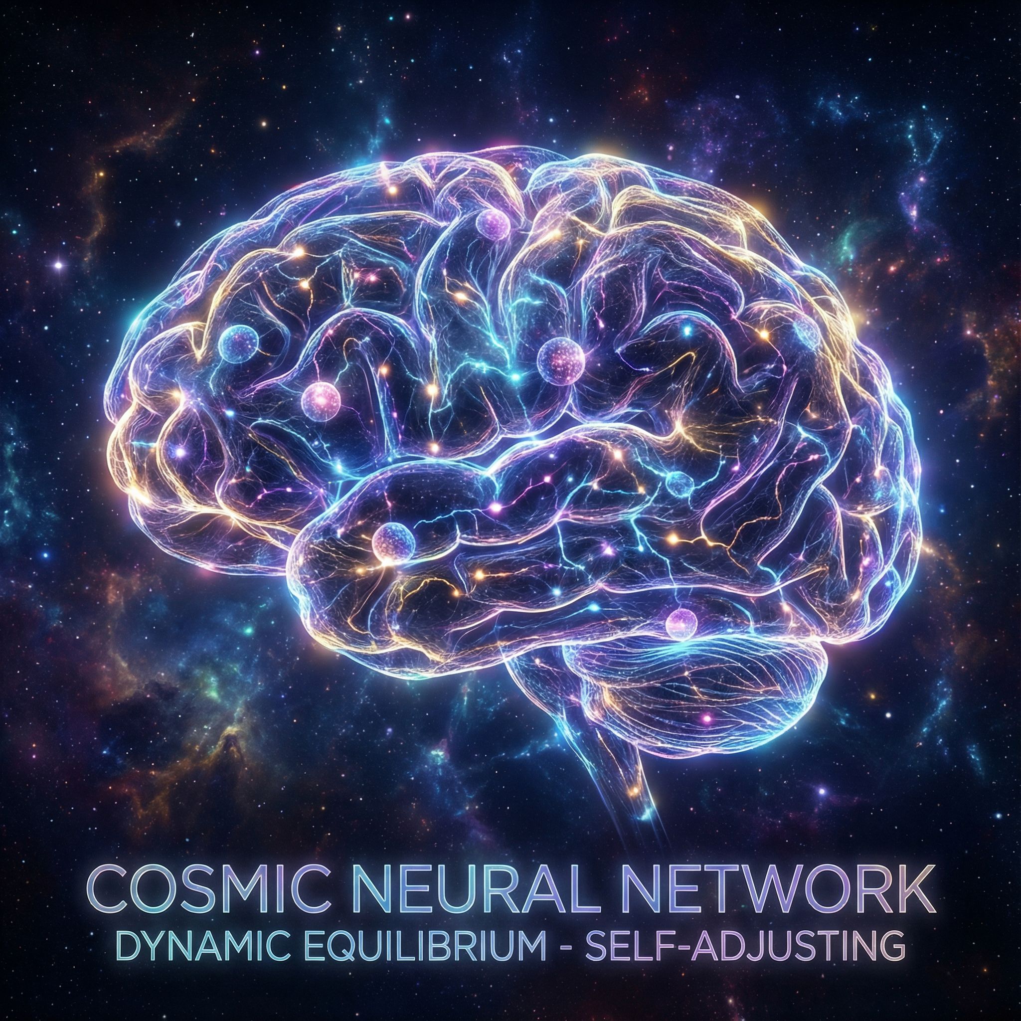 우주를 배경으로 푸른색과 보라색 빛을 내며 연결된 신경망이 역동적인 균형을 이루고 있는 모습이다.