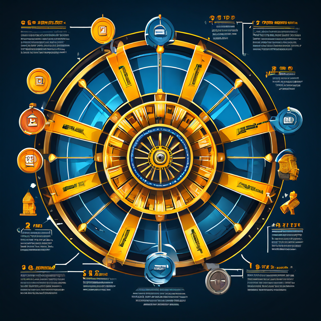 커다란 원형 휠과 회전판, 여러 구역으로 나뉜 배팅 테이블, 상금 등급이 표시된 교육용 인포그래픽이다.