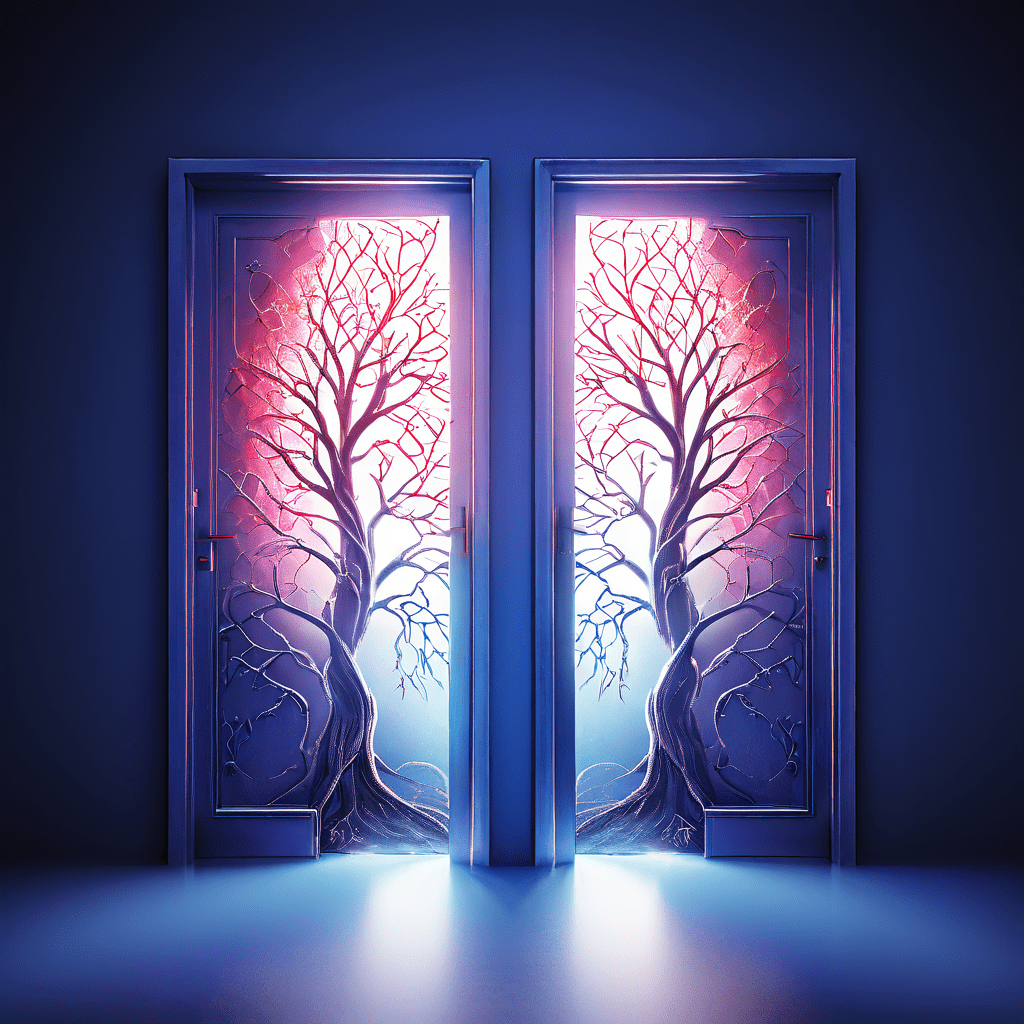 단단한 회색 벽에 고정된 닫힌 문과 대조적으로 여러 갈래로 빛나는 열린 문들이 나란히 배치된 모습이다.