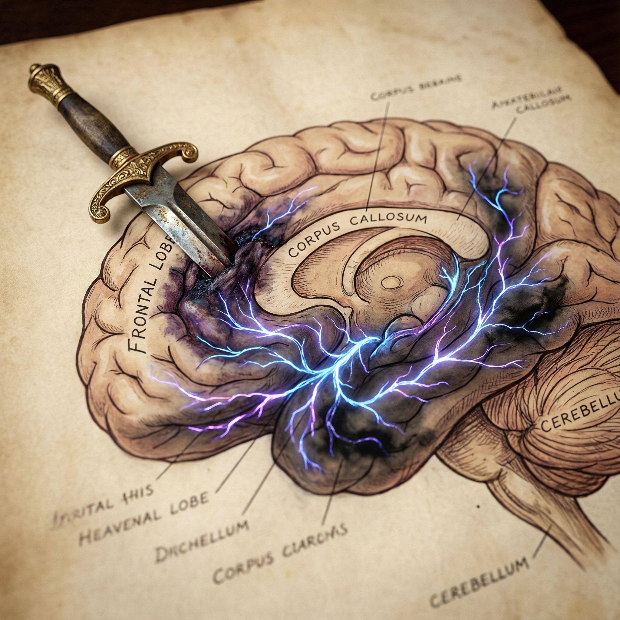 전두엽에 박힌 단검과 함께 불규칙하게 빛나는 신경 회로가 손상된 인간 뇌의 단면을 묘사한 모습이다.