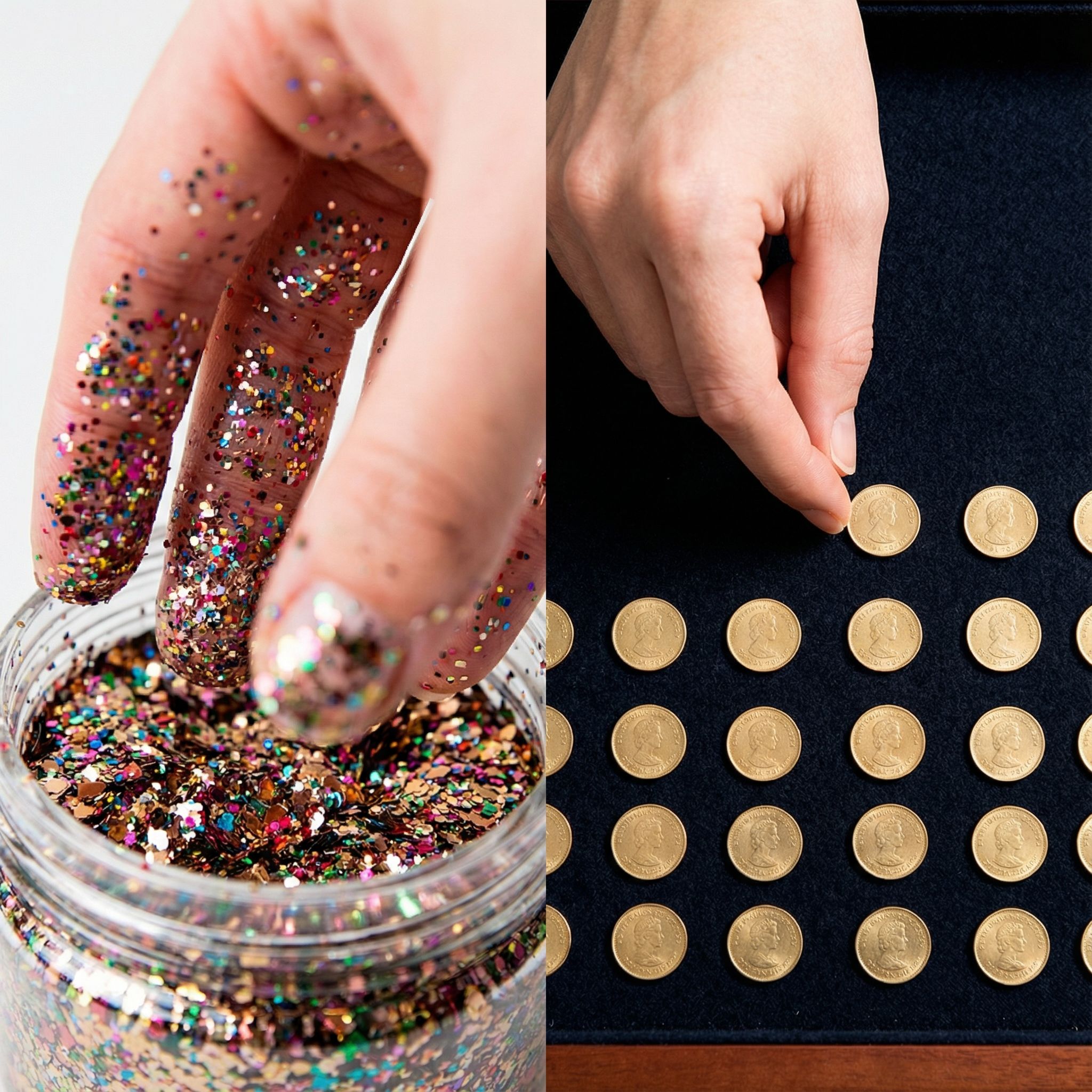 반짝이는 입자가 손가락에 묻어 용기 속으로 스며들고 반대편에는 정돈된 금속 원형이 대비를 이루는 장면