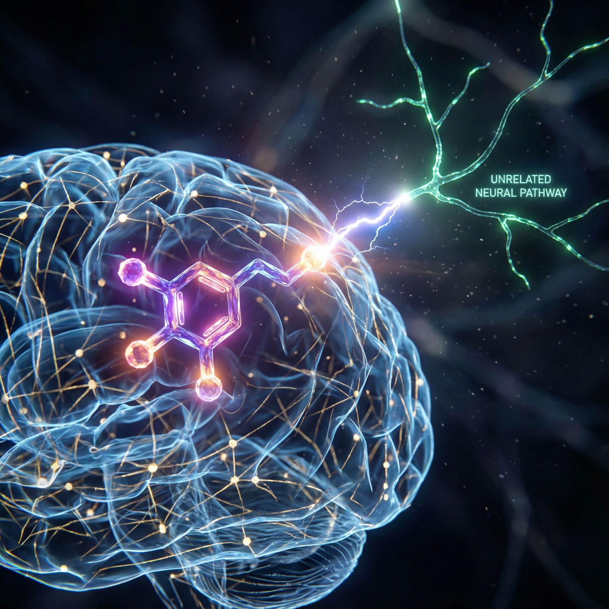 빛나는 뇌 신경회로에서 도파민 분자가 먼 곳의 이질적 신경로와 뜻밖의 연결을 일으키는 모습이다.