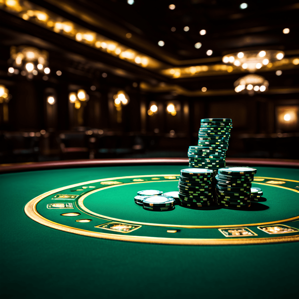 초록색 펠트 테이블 위에 놓인 한 장의 우아한 포커 칩이 빈 거대 카지노의 반짝이는 조명을 반사하고 있다.