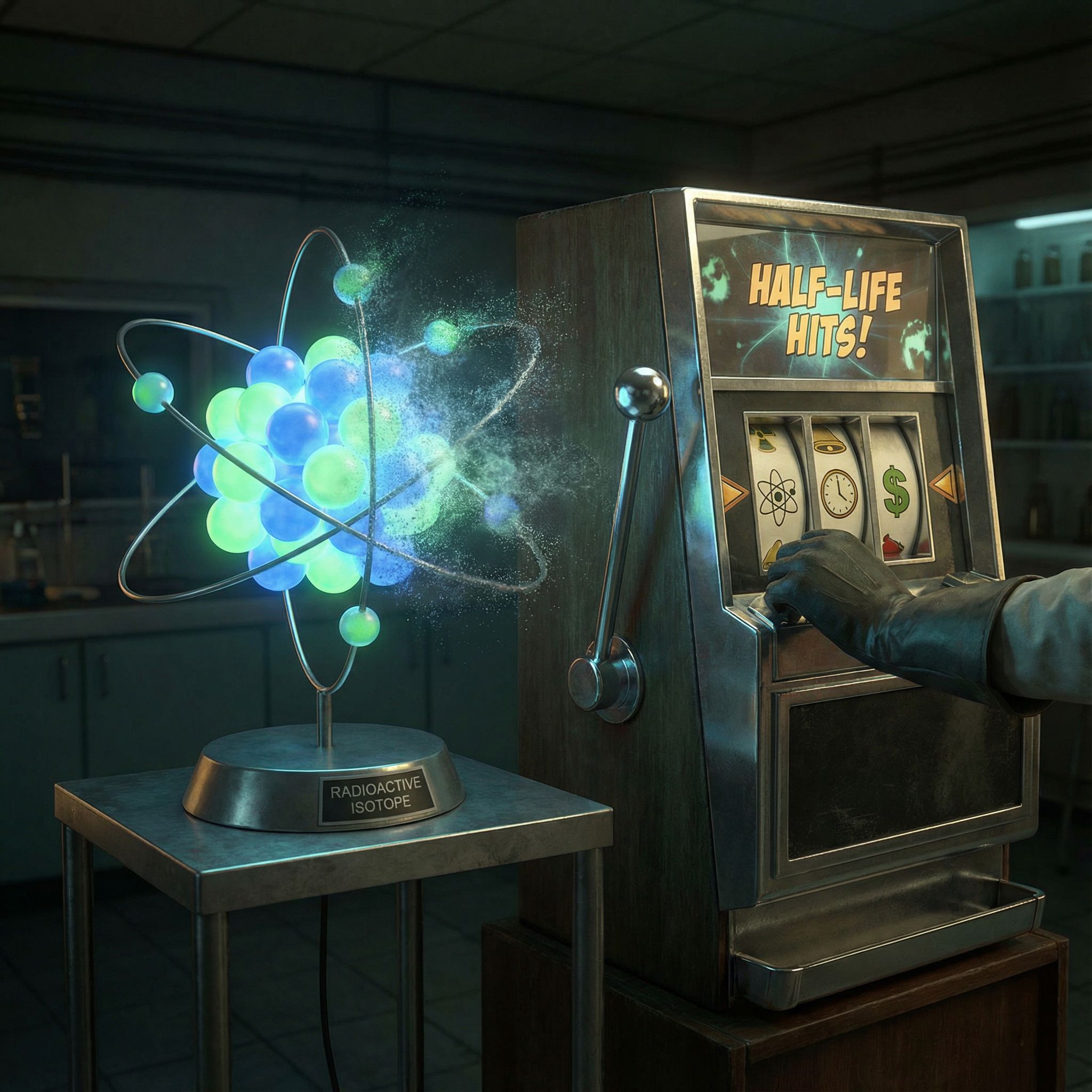 빛나는 방사성 원자가 슬롯머신 옆에서 붕괴하며 레버가 당겨지고 반으로 줄어든 입자가 흩어지는 모습이다.