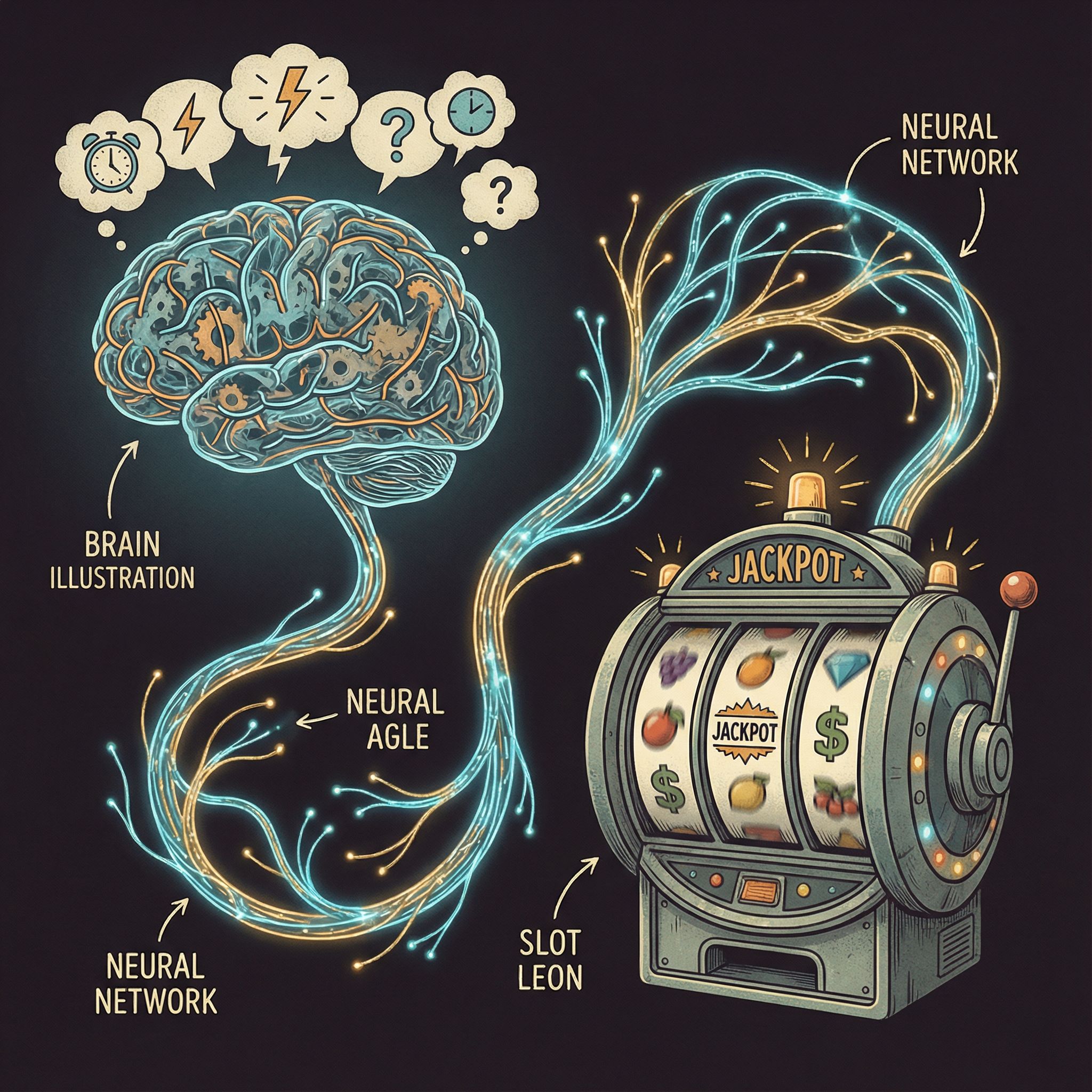빛나는 신경 회로로 연결된 산만한 뇌와 회전하는 슬롯머신 바퀴를 개념적으로 표현한 모습이다.
