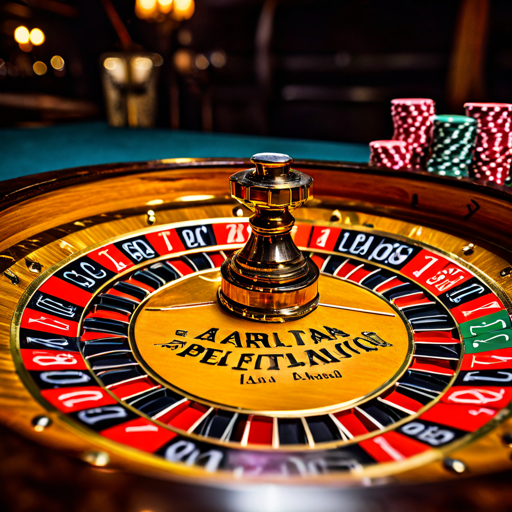 검은색과 빨간색의 프랑스식 룰렛 휠과 칩이 가까이 보이며, 우아한 글씨로 적힌 라 파르타주와 앙 프리존 배팅 구역이 강조되어 있습니다.