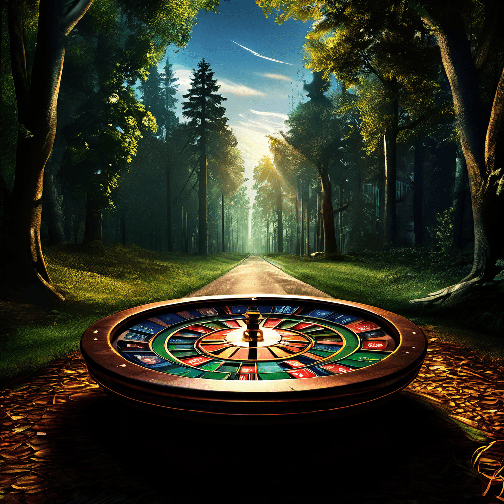 한쪽은 어두운 숲길, 다른 쪽은 햇살 받은 도시 길로 양분된 룰렛 테이블 위에 공이 중앙에 멈춰 있는 모습이다.