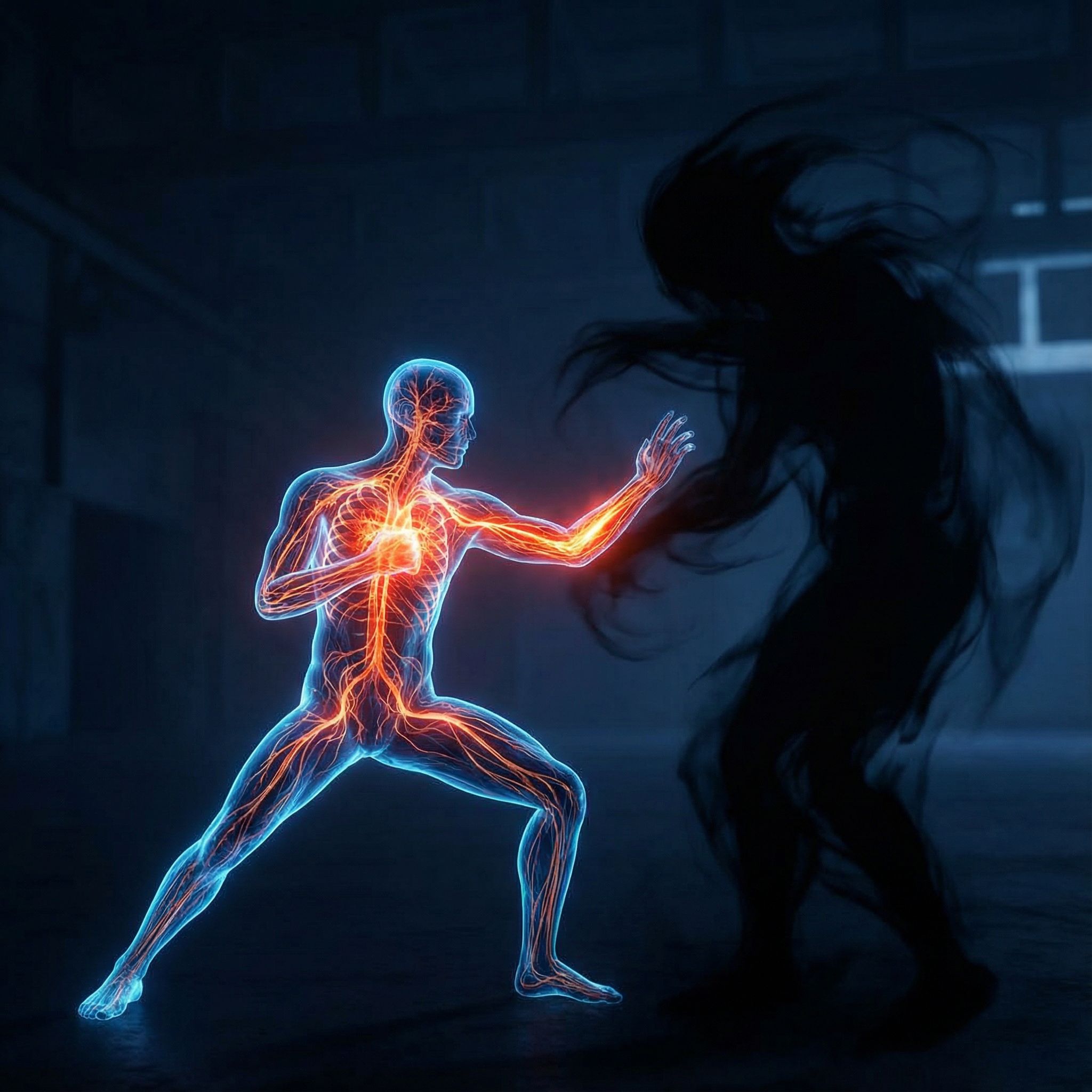 빛나는 신경망이 드러난 인체 형상이 어둠 속 실루엣을 향해 손을 뻗으며 맞서는 긴장된 장면