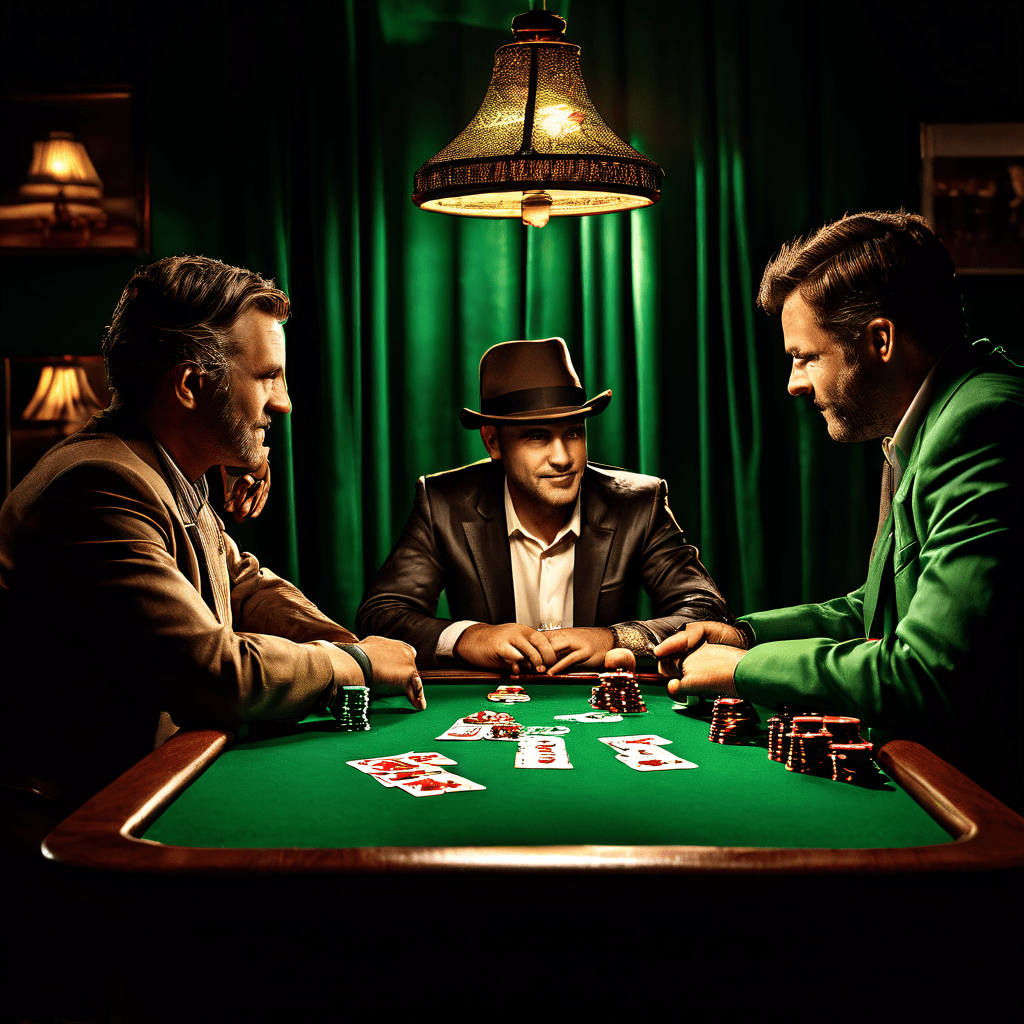 초록색 펠트 포커 테이블을 사이에 두고 세 장의 카드 게임을 하며 서로를 살피는 첫 만남의 모습이다.