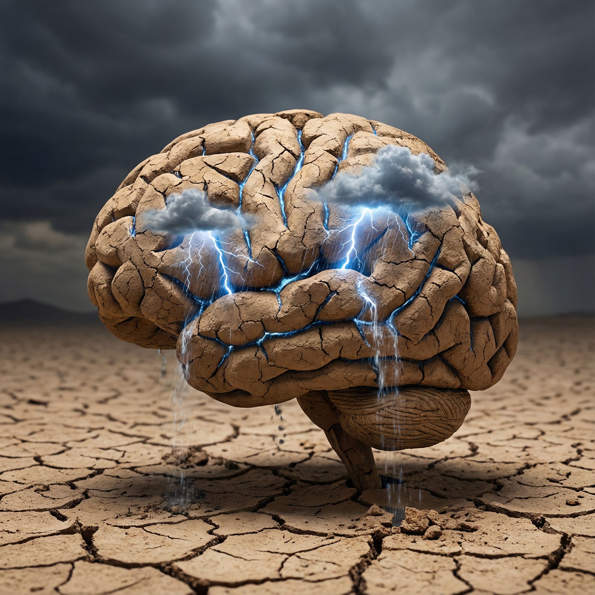 갈라진 황토색 땅으로 조각된 뇌 안쪽으로 짙은 구름과 번개가 신경 세포를 따라 내리치는 모습이다.