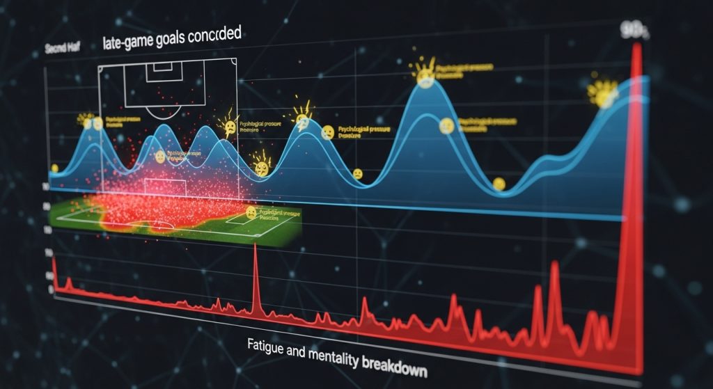 경기 막판 실점 패턴을 피로도와 멘탈 요인과 함께 시각화한 그래프로, 시간대별 위험 구간을 표시한 이미지