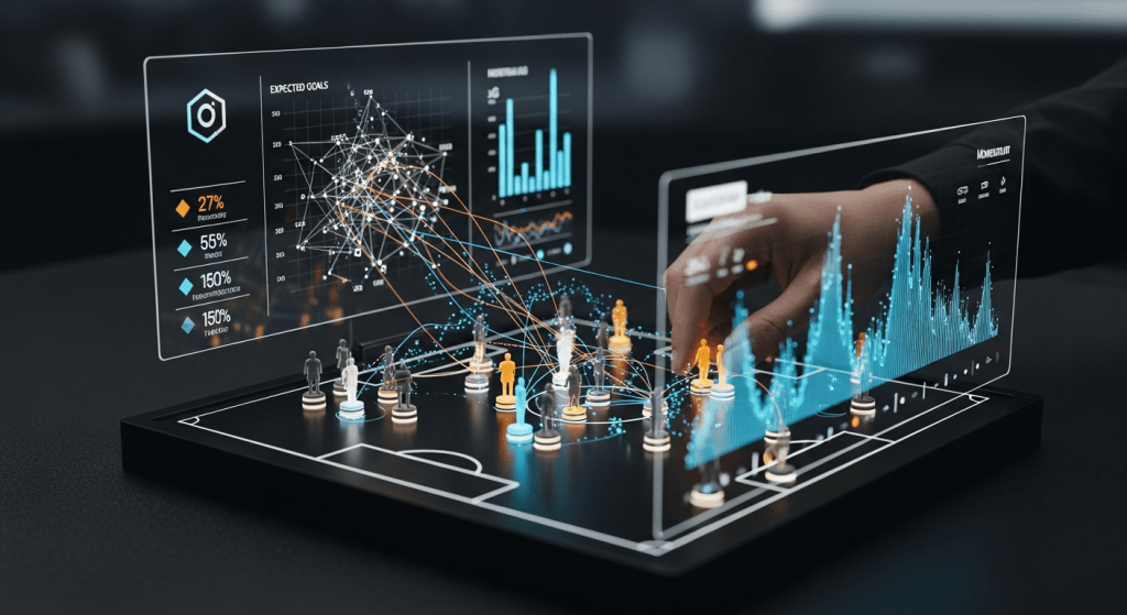 축구 전술 보드 위에서 선수 간 연결 데이터와 예측 지표가 3D 그래프로 시각화된 분석 장면