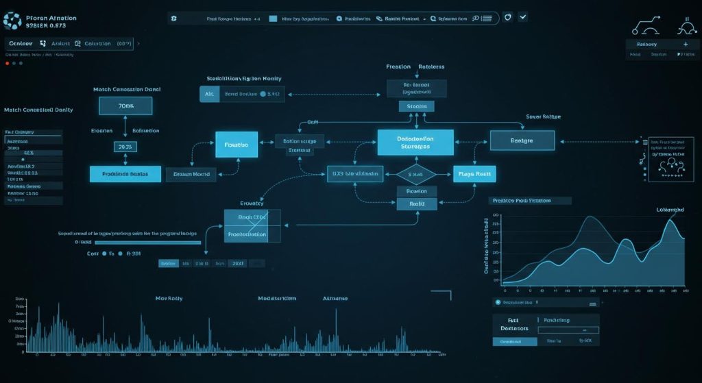 복잡한 데이터 흐름과 경기 분석 요소를 연결한 대시보드 화면으로, 그래프와 지표들이 통합된 분석 인포그래픽