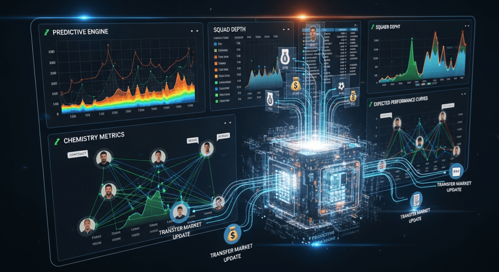 예측 엔진, 스쿼드 뎁스, 화학 조합 지표, 이적 시장 데이터를 중앙 처리 모듈과 연결해 시각화한 분석 시스템