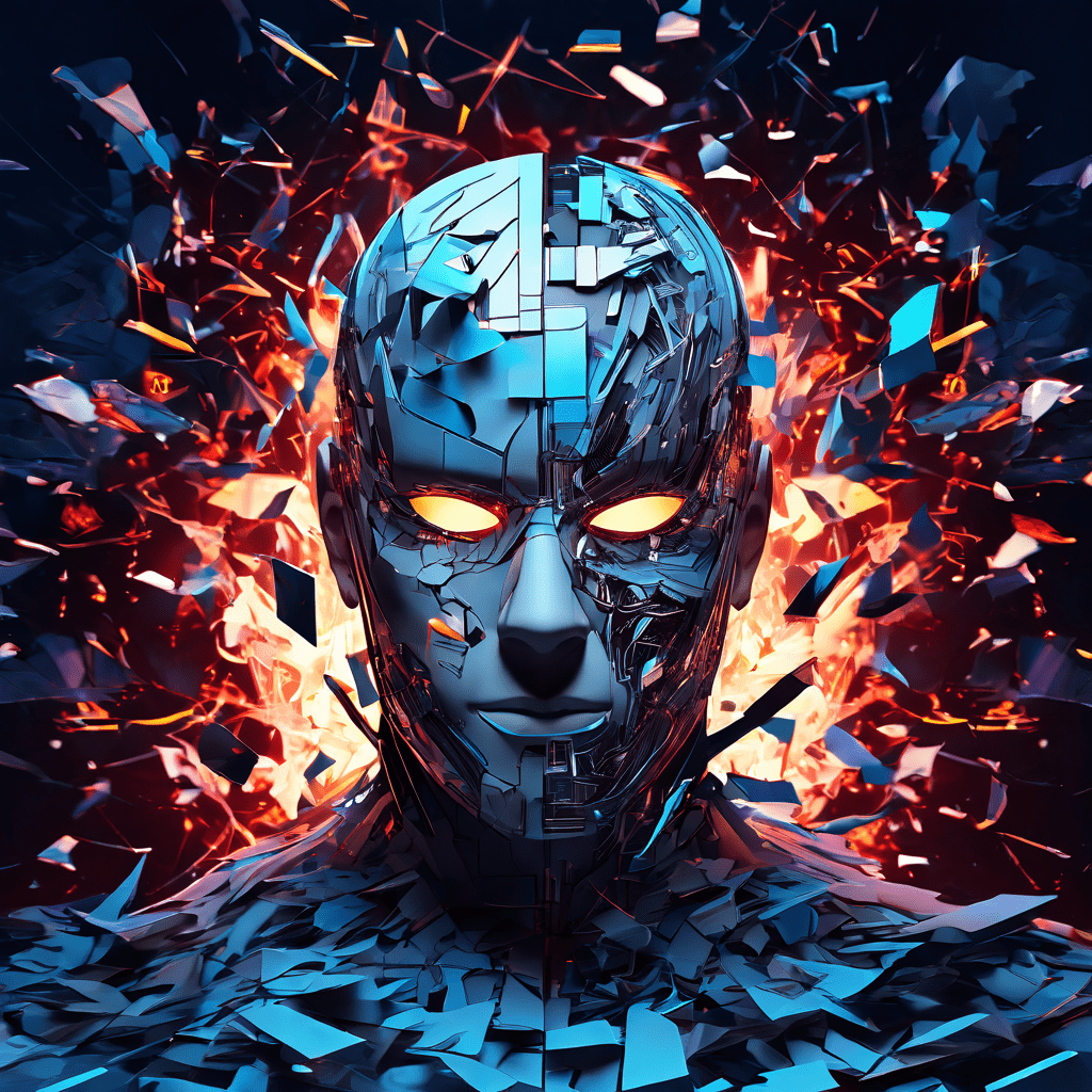 차분한 표면 아래에 감춰진 통제되지 않는 온라인 페르소나가 디지털 가면이 조각나며 드러나는 순간을 상징적으로 표현한 이미지입니다.