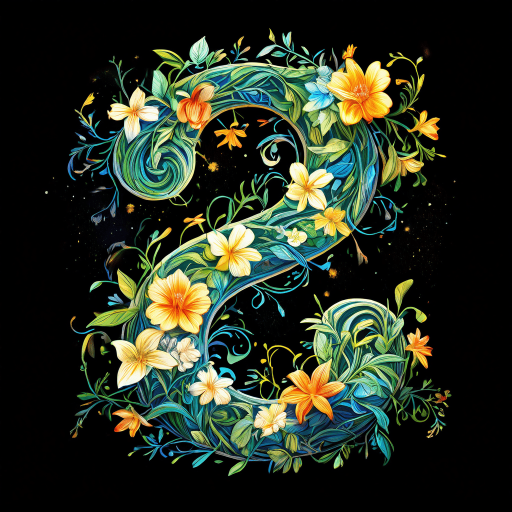 빛나는 물음표 모양으로 얽힌 덩굴과 피어나는 꽃들이 인간의 행복에 대한 긍정심리학의 탐구를 상징합니다.